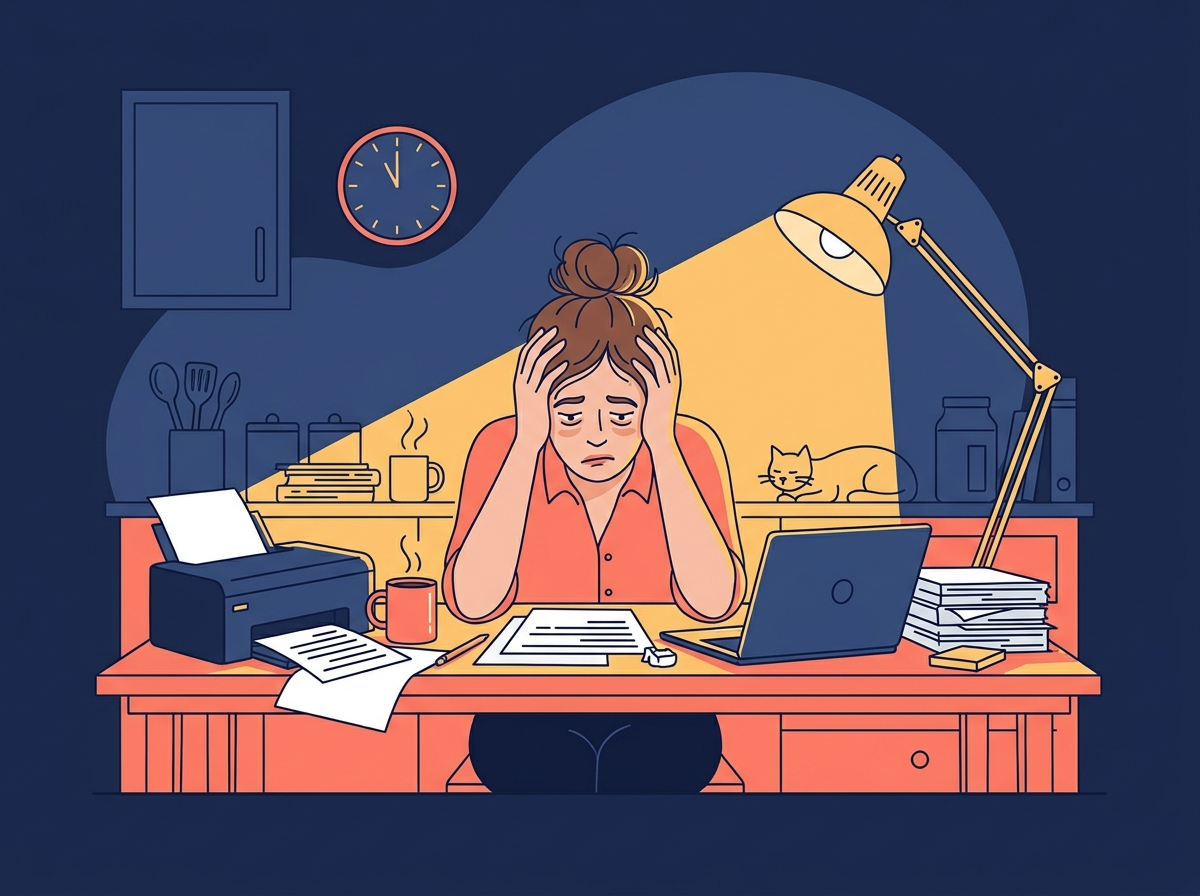 Professora cansada à noite, cercada de papéis, notebook e impressora